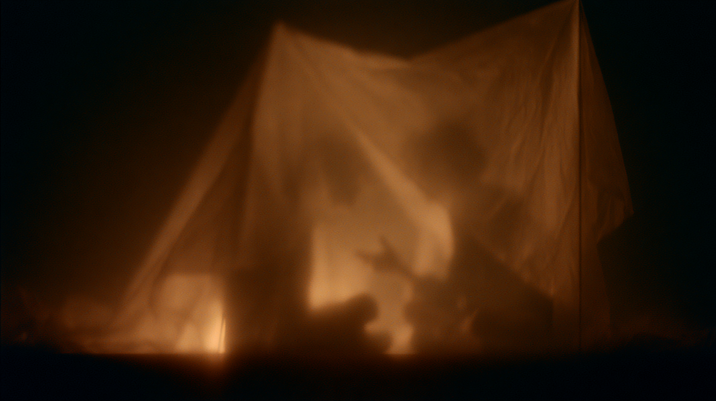 draped white tent, warm glow