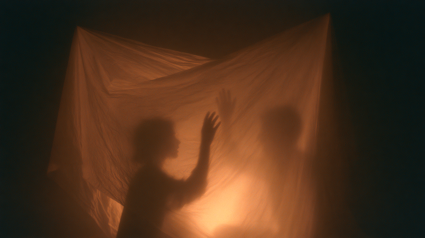 silhouette hand raised against tent fabric