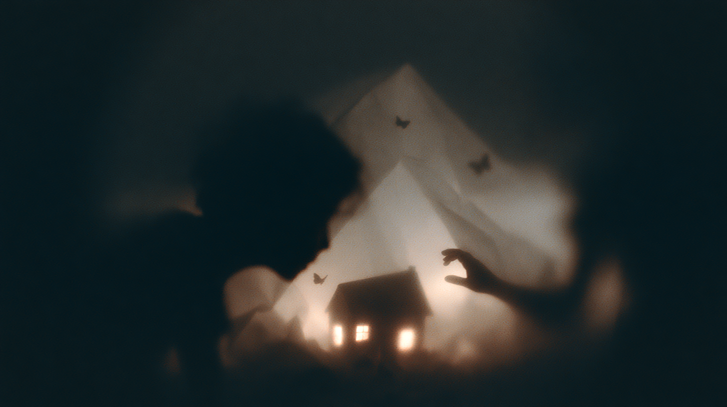toy house silhouette, warm light