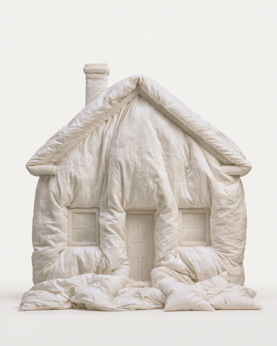 house, cream quilted fabric, front