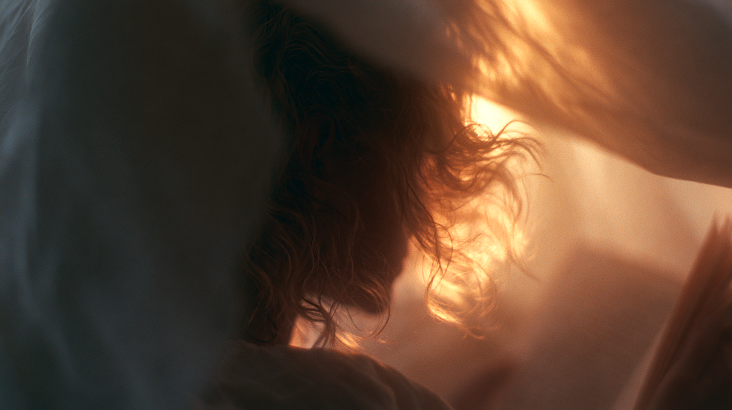 close-up profile, warm backlight