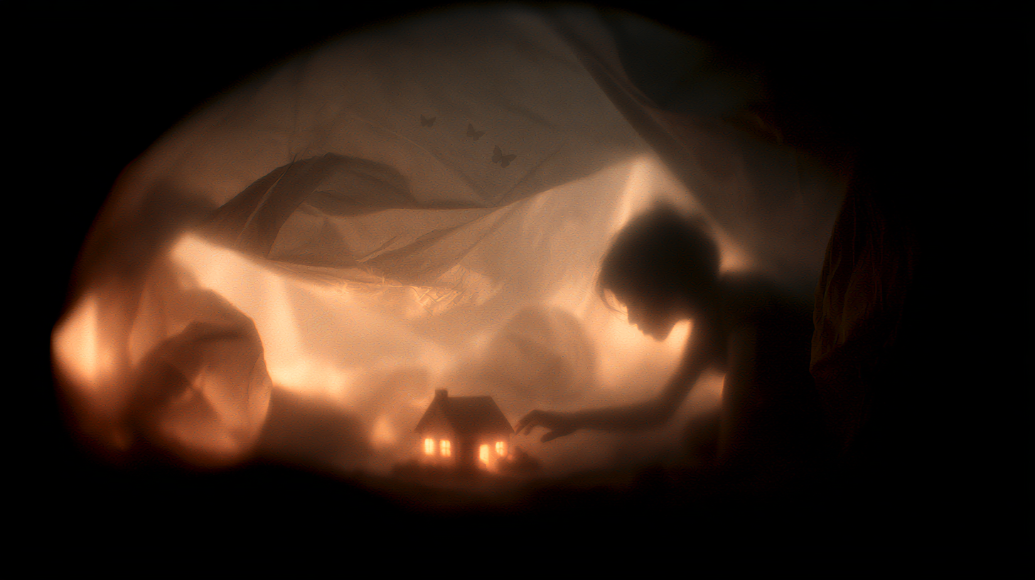 inside tent, toy house glowing