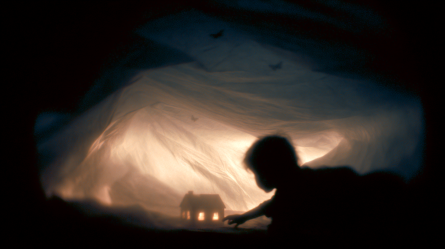 toy house glowing through fabric